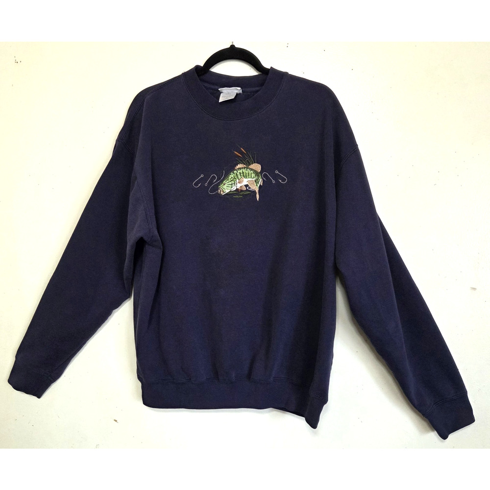 MC Sport Navy Blue Fisherman Sweatshirt Mens XL Fishing Patch Unisex Vintage